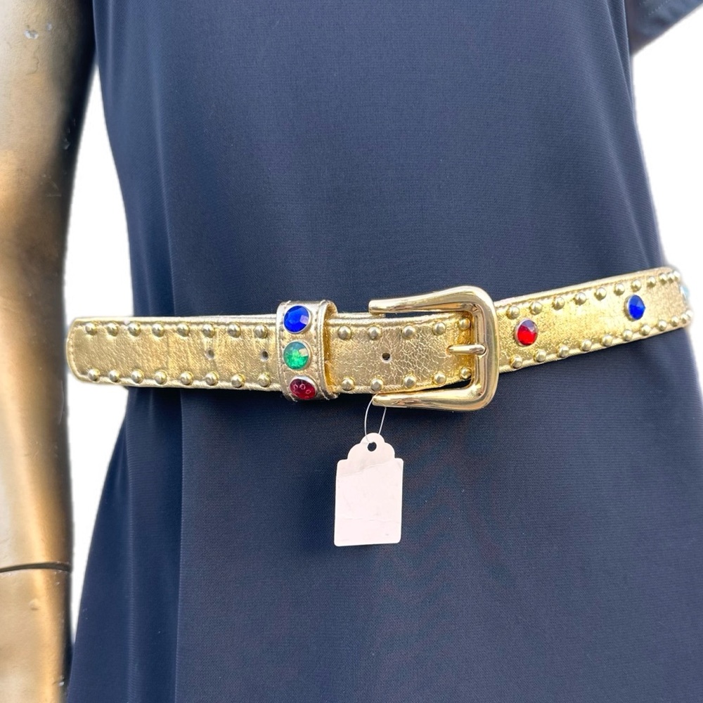 Vintage POLYURETHANE leather PVC backing metallic Gold colorful gem studded belt